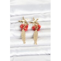 Deniz Yıldızı ve Balık Detaylı Kırmızı Taşlı Gold Renk Kadın Küpe TJ-BKP11795