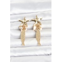 Deniz Yıldızı ve Balık Detaylı Krem Taşlı Gold Renk Kadın Küpe TJ-BKP11796