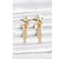 Deniz Yıldızı ve Balık Detaylı Krem Taşlı Gold Renk Kadın Küpe TJ-BKP11796