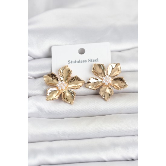 316L Çelik Gold Renk Lotus Çiçek Model Kadın Küpe TJ-BKP11810
