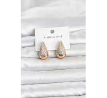 316L Çelik Gold Renk Zirkon Taşlı Damla Model Kadın Küpe TJ-BKP11842