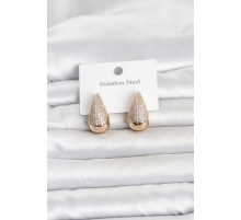 316L Çelik Gold Renk Zirkon Taşlı Damla Model Kadın Küpe TJ-BKP11842