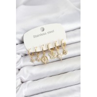 316L Çelik Gold Renk Zirkon Taşlı Charm Detaylı Kadın Küpe Seti TJ-BKP11878