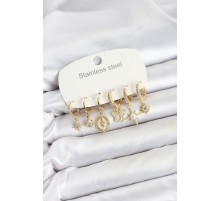 316L Çelik Gold Renk Zirkon Taşlı Charm Detaylı Kadın Küpe Seti TJ-BKP11878