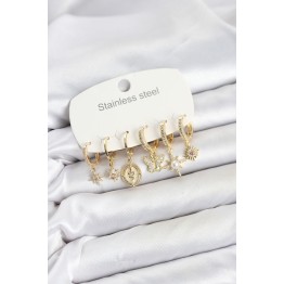 316L Çelik Gold Renk Zirkon Taşlı Charm Detaylı Kadın Küpe Seti TJ-BKP11878