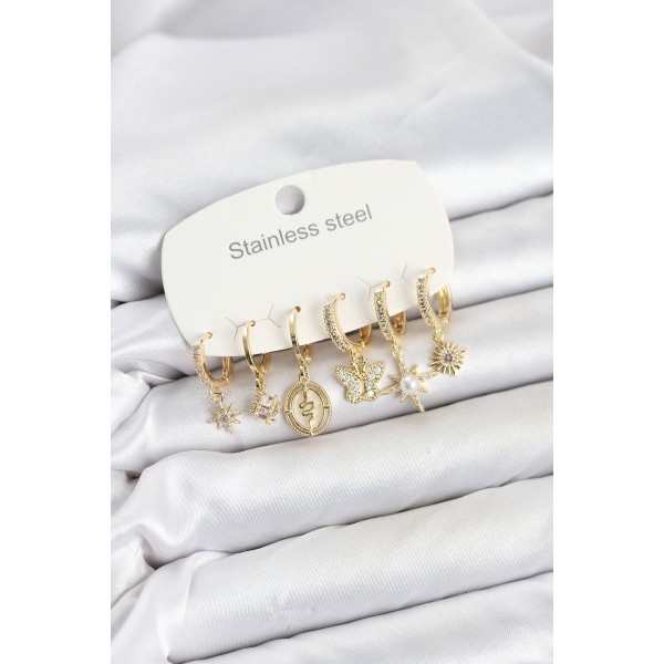 316L Çelik Gold Renk Zirkon Taşlı Charm Detaylı Kadın Küpe Seti TJ-BKP11878