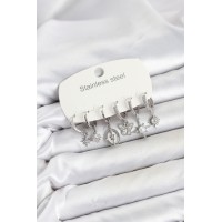316L Çelik Gümüş Renk Zirkon Taşlı Charm Detaylı Kadın Küpe Seti TJ-BKP11879