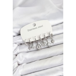 316L Çelik Gümüş Renk Zirkon Taşlı Charm Detaylı Kadın Küpe Seti TJ-BKP11879