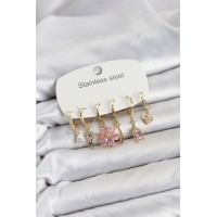 316L Çelik Gold Renk Pembe Zirkon Taşlı Lotus Detaylı Kadın Küpe Seti TJ-BKP11886