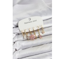 316L Çelik Gold Renk Pembe Zirkon Taşlı Lotus Detaylı Kadın Küpe Seti TJ-BKP11886