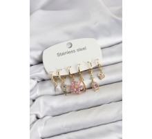 316L Çelik Gold Renk Pembe Zirkon Taşlı Lotus Detaylı Kadın Küpe Seti TJ-BKP11886