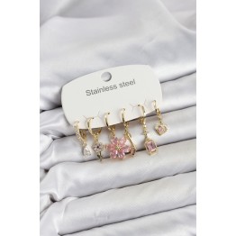316L Çelik Gold Renk Pembe Zirkon Taşlı Lotus Detaylı Kadın Küpe Seti TJ-BKP11886
