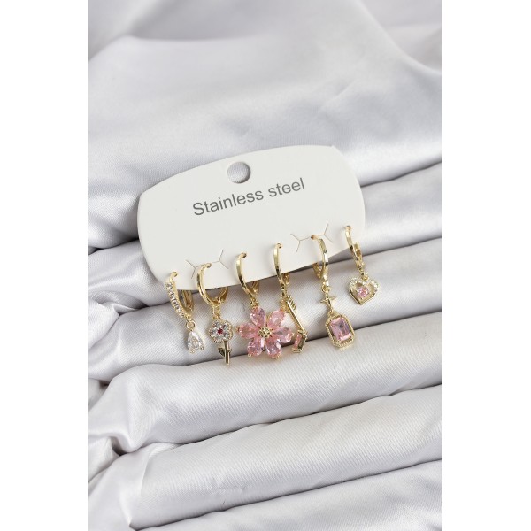 316L Çelik Gold Renk Pembe Zirkon Taşlı Lotus Detaylı Kadın Küpe Seti TJ-BKP11886