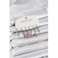 316L Çelik Gümüş Renk Pembe Zirkon Taşlı Lotus Detaylı Kadın Küpe Seti TJ-BKP11887