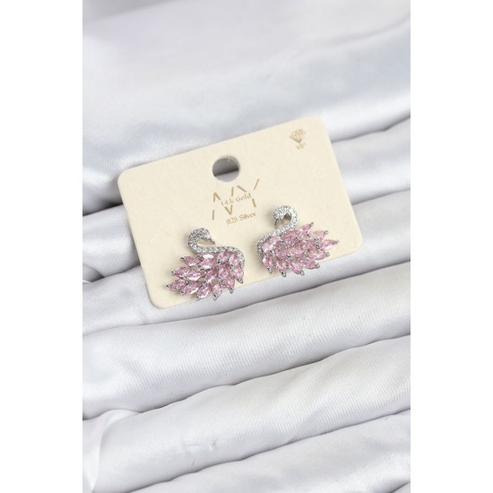Pembe Zirkon Taşlı Gümüş Swan Kuğu Model Kadın Küpe TJ-BKP11941