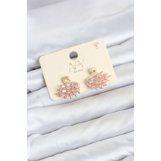 Pembe Zirkon Taşlı Gold Swan Kuğu Model Kadın Küpe TJ-BKP11942