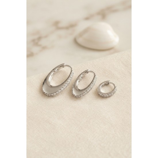 Gümüş Renk Oval Halka Model Zirkon Taşlı 3 lü Küpe Set TJ-BKP11975