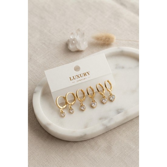 Kalp Zirkon Taşlı Gold Renk Pirinç Set Küpe TJ-BKP11990