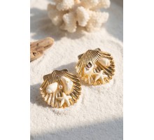 Gold Renk Deniz Kabuğu Deniz Yıldızı ve Beyaz Taş Detaylı Küpe TJ-BKP12012