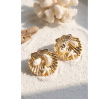 Gold Renk Deniz Kabuğu Deniz Yıldızı ve Beyaz Taş Detaylı Küpe TJ-BKP12012