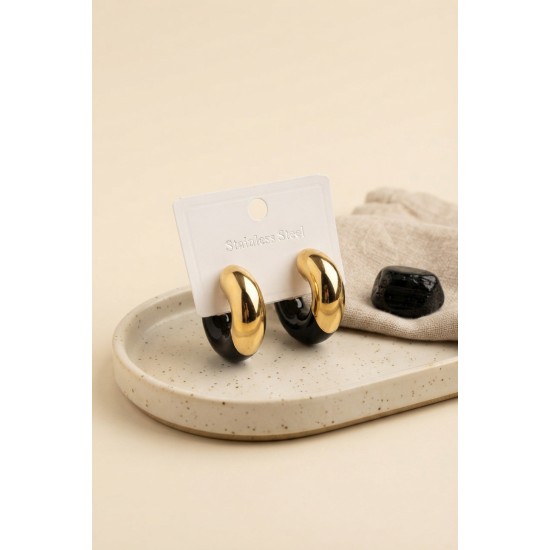 316L Çelik Gold Renk Siyah Halka Model Kadın Küpe TJ-BKP12033