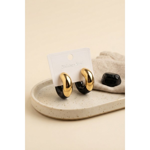316L Çelik Gold Renk Siyah Halka Model Kadın Küpe TJ-BKP12033