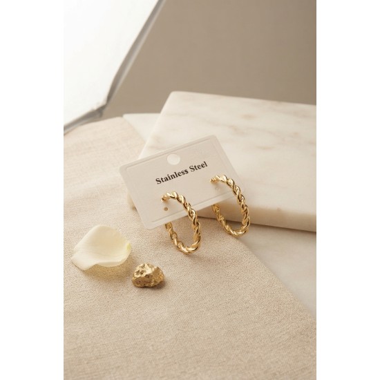 316L Çelik Gold Renk Kıvrımlı Halka Tasarım Model Küpe TJ-BKP12043