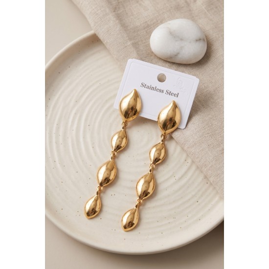 316L Çelik Gold Renk Yaprak Motifli Uzun Tasarım Küpe TJ-BKP12050