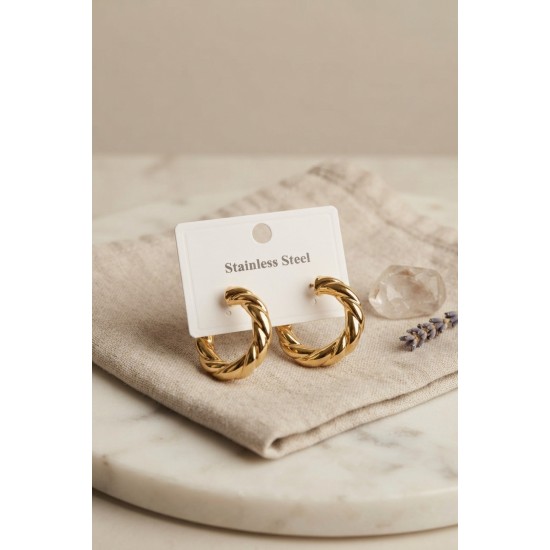 316L Çelik Gold Renk Vintage Kıvrımlı Halka Model Küpe TJ-BKP12059