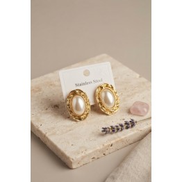 316L Gold Renk Gold Renk Vintage Beyaz İncili Model Küpe TJ-BKP12060
