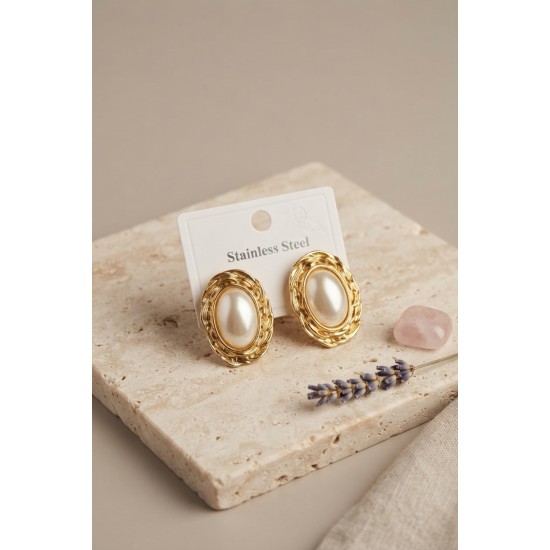 316L Gold Renk Gold Renk Vintage Beyaz İncili Model Küpe TJ-BKP12060