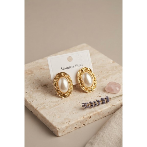 316L Gold Renk Gold Renk Vintage Beyaz İncili Model Küpe TJ-BKP12060