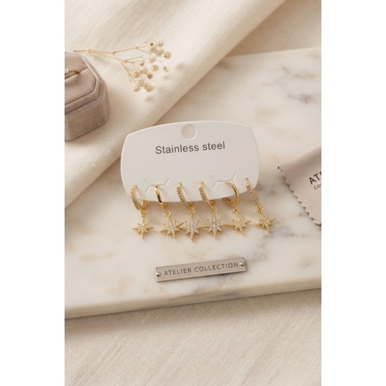 316L Çelik Gold Renk Kutup Yıldızı Model Kadın Küpe Seti TJ-BKP12078