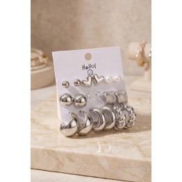 Gümüş Renk Metalik Kaplamalı Karışık Model Detaylı CCB 9 Çift Küpe Seti TJ-BKP12105