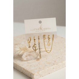 Gold Renk Pirinç Zirkon Taşlı 6'lı Küpe Set Kombini TJ-BKP12130