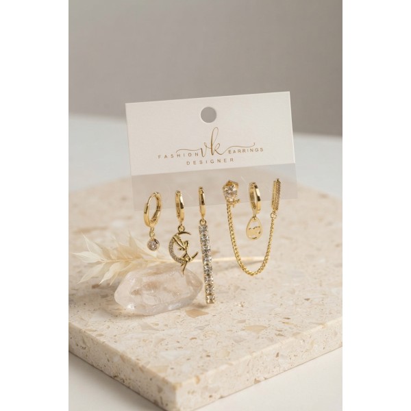 Gold Renk Pirinç Zirkon Taşlı 6'lı Küpe Set Kombini TJ-BKP12130