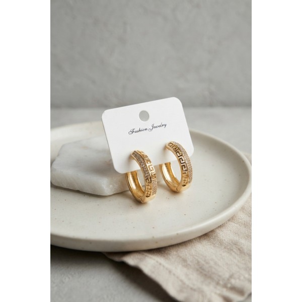 Gold Renk Zirkon Taşlı ve Geometrik Motifli Pirinç Halka Kadın Küpe TJ-BKP12146