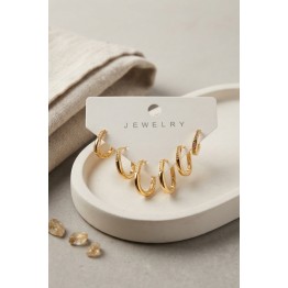 Gold Renk Zirkon Taşlı Pirinç İnce Kare Halka Model Kadın Küpe Seti TJ-BKP12161