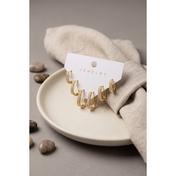 Gold Renk Zirkon Taşlı Pirinç Oval Kare Model Kadın Küpe Seti TJ-BKP12173