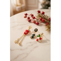 Gold Noel Baba Şapkalı Zirkon Taşlı Zincirli Yılbaşı Küpe TJ-BKP12178