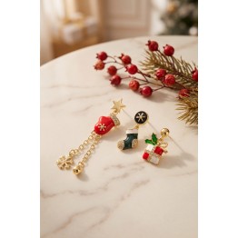 Gold Noel Baba Şapkalı Zirkon Taşlı Zincirli Yılbaşı Küpe TJ-BKP12178
