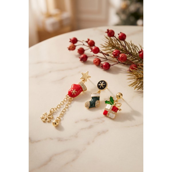 Gold Noel Baba Şapkalı Zirkon Taşlı Zincirli Yılbaşı Küpe TJ-BKP12178