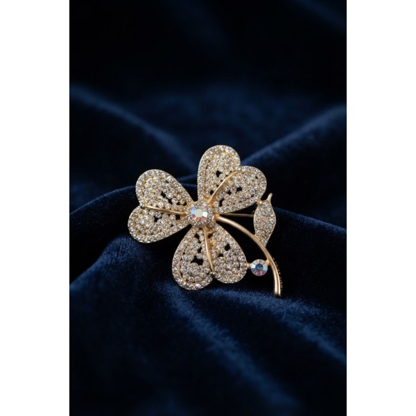 Gold Renk Zirkon Taşlı Yonca Model Broş TJ-BR498