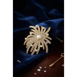 Zirkon Taşlı Gold Renk İnci Detaylı Broş TJ-BR504