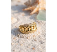 Çift Sıra Zirkon Taşlı Örgü Zincir Formlu Gold Renk Yüzük TJ-BYK4229