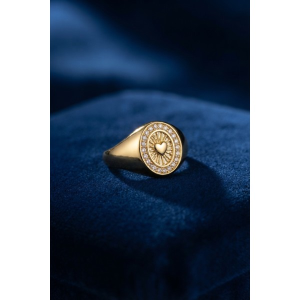 Zirkon Taşlı Kalp Detaylı Gold Renk Kadın Yüzük TJ-BYK4238