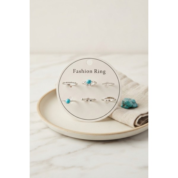 Gümüş Renk Pirinç Mavi Taş Detaylı 6'lı Yüzük Seti BYK4306 TJ-BYK4306