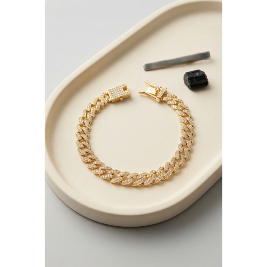 Gold Renk Zirkon Taşlı Cuban Zincir Model Klips Kapamalı Erkek Bileklik TJ-EB3819