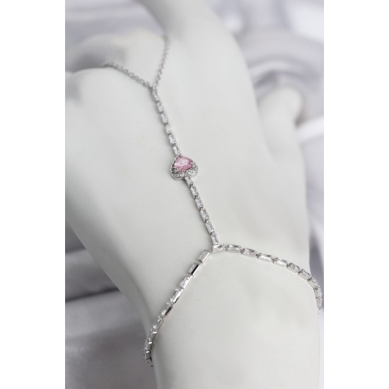 Gümüş Renk Pirinç Zirkon Taşlı Pembe Kalp Model Şahmeran TJ-SN772