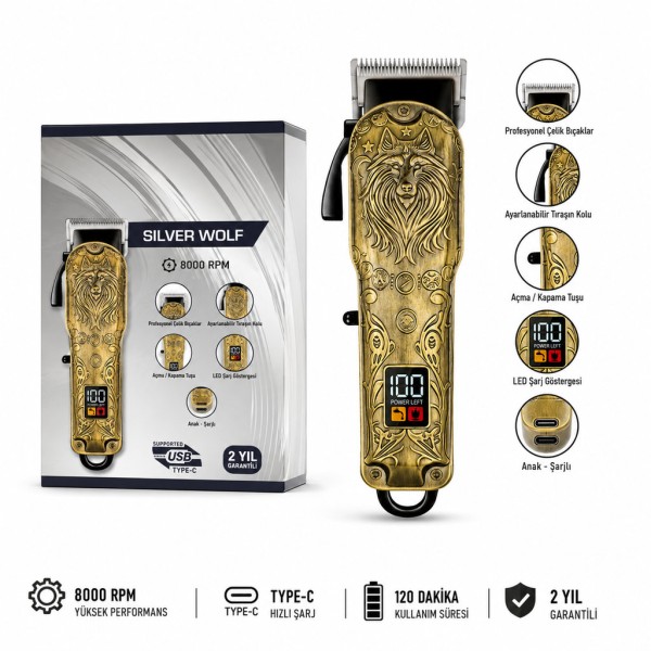 toptan-xml-dropshipping-Profesyonel Saç ve Sakal Tıraş Makinesi – 8000 RPM, LED Ekranlı, Type-C Şarjlı MR-6600